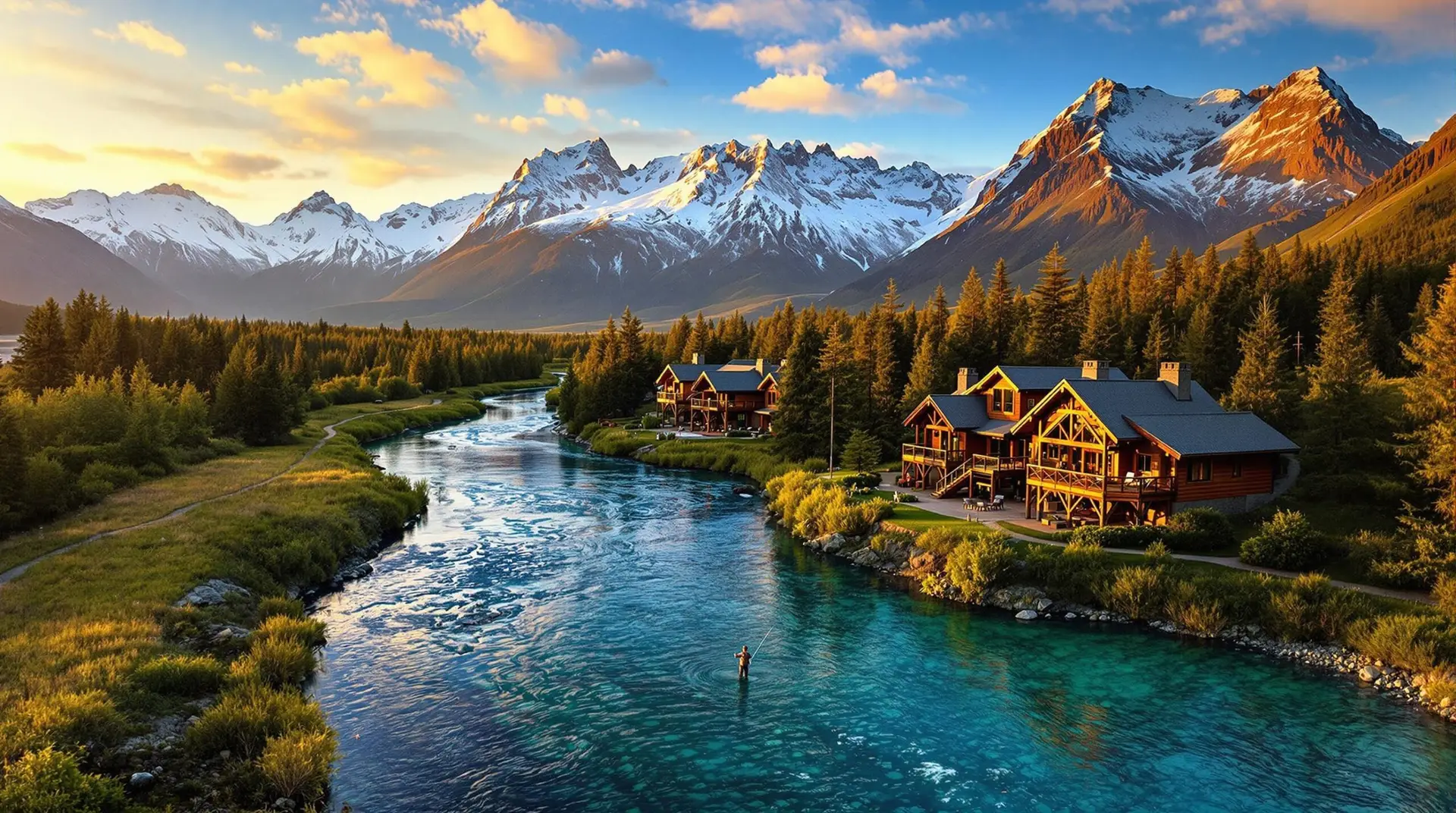 Aerial view of one of the premium fly fishing lodges in Chile showing a wooden lodge surrounded by Patagonian wilderness with a fisherman casting in a turquoise river at sunset as snow capped Andean mountains glow in the background