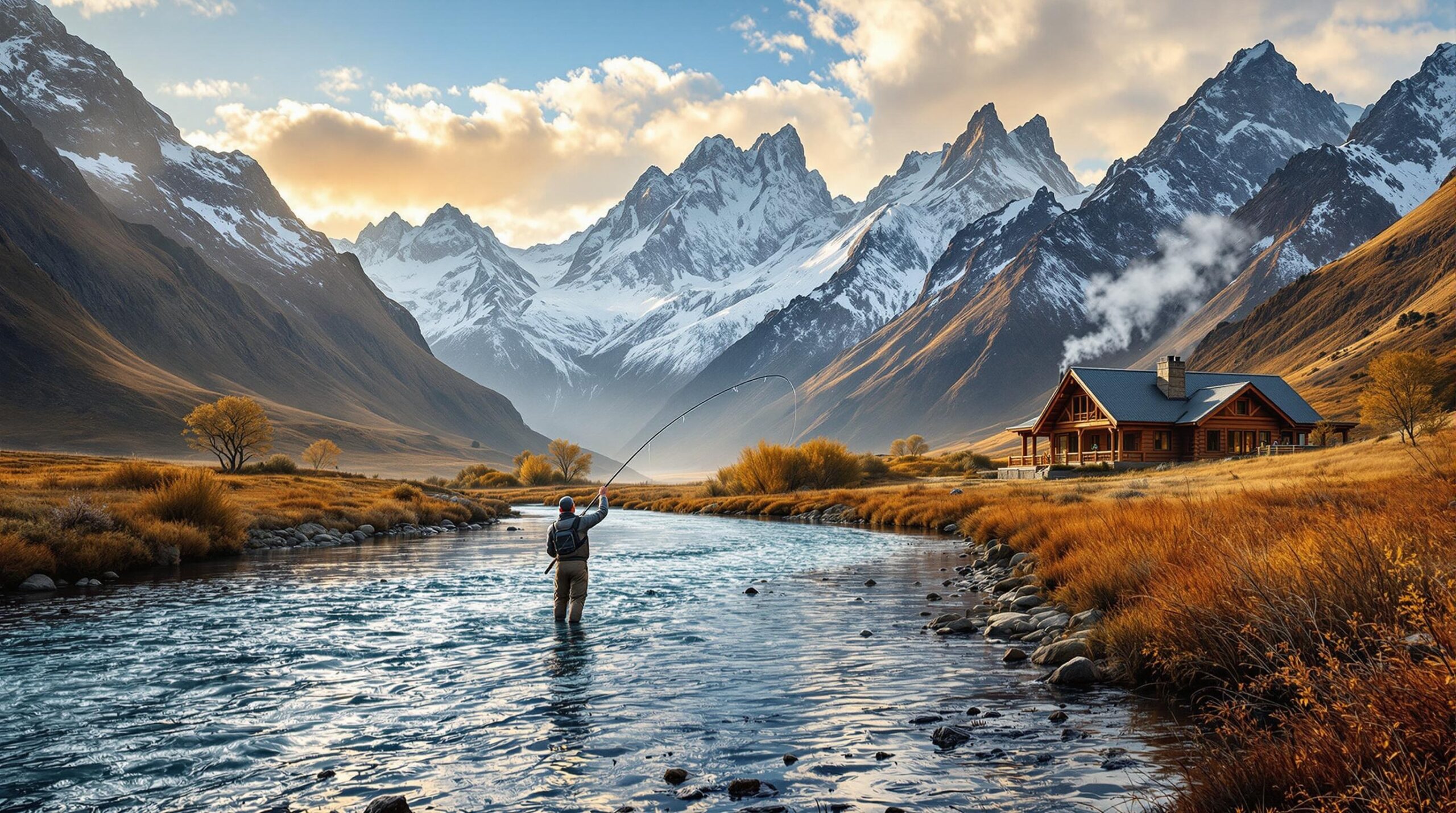 A fly fisher casting in a winding river surrounded by snow-capped mountains, with one of the premier fly fishing lodges in Patagonia Argentina visible on the riverbank, all bathed in golden morning light. 
