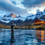 Angler fly fishing in a pristine river with perfect technique as sunset illuminates snow capped Andean mountains with one of the premium fly fishing lodges in Patagonia Argentina visible in the background