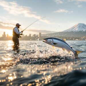 Fly fisherman in waders casting rod in Puget Sound salmon fly fishing scene with jumping silver coho, Seattle skyline and Mount Rainier in background during golden hour.