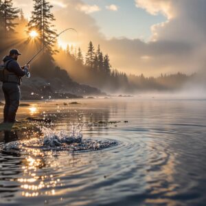 Fly fisherman in waders casting rod during Puget Sound fly fishing at dawn with jumping sea-run cutthroat trout and golden hour lighting over misty Pacific Northwest waters.
