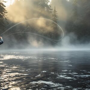 Angler performing spey cast for Olympic Peninsula steelhead on misty Hoh River at dawn, surrounded by old-growth cedar forest with jumping fish visible in background.