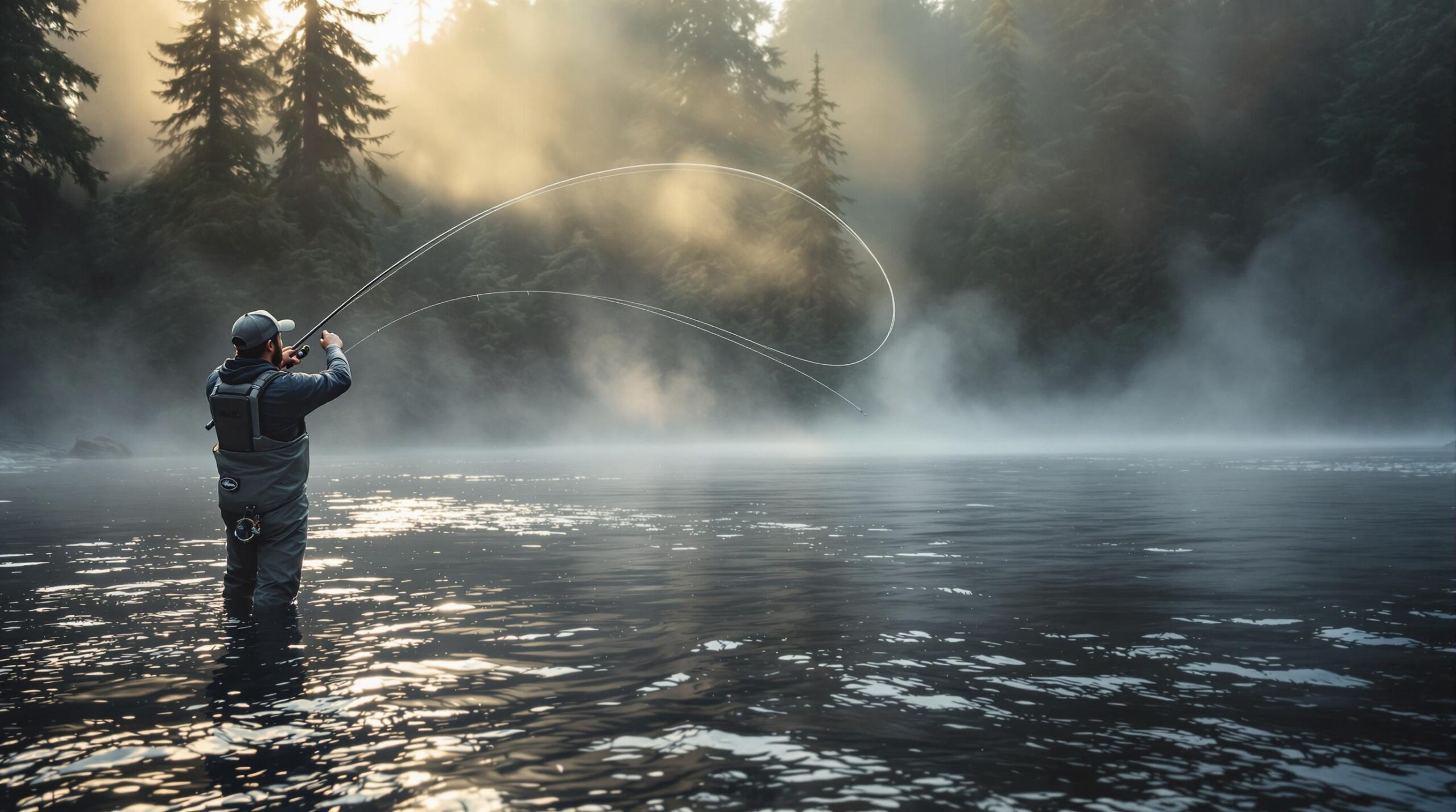Angler performing spey cast for Olympic Peninsula steelhead on misty Hoh River at dawn surrounded by old growth cedar forest with jumping fish visible in background