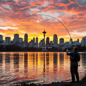 Fly fisherman casting at Green Lake during golden hour with Seattle urban fishing backdrop showing downtown skyline silhouetted against orange and pink sunset colors.
