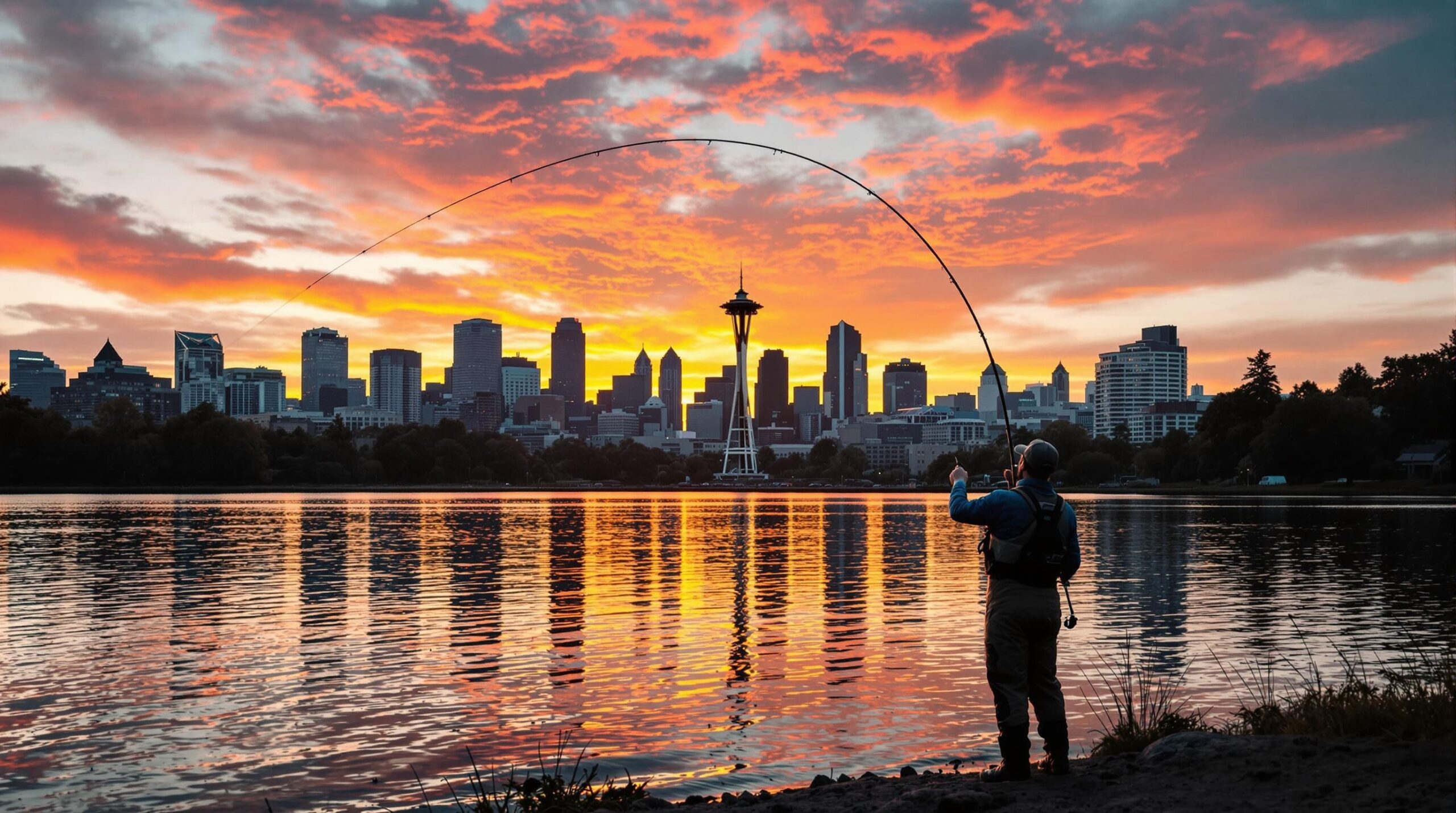 Fly fisherman casting at Green Lake during golden hour with Seattle urban fishing backdrop showing downtown skyline silhouetted against orange and pink sunset colors