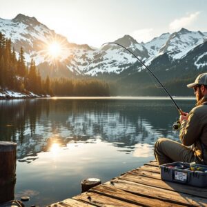Angler fishing from wooden dock at alpine lake with Washington State Fishing License and tackle box, surrounded by snow-capped mountains and evergreen forests during golden hour.