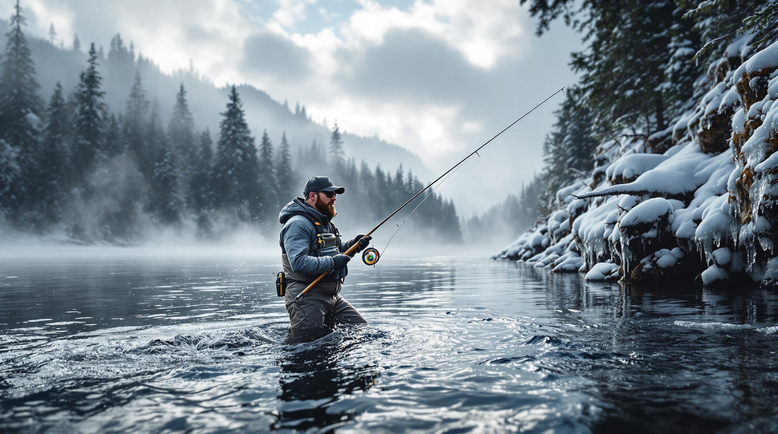 Winter fly fishing Washington angler in heavy gear stands knee-deep in misty river with bent rod fighting steelhead, surrounded by snow-covered evergreens and icicles in pristine wilderness setting.