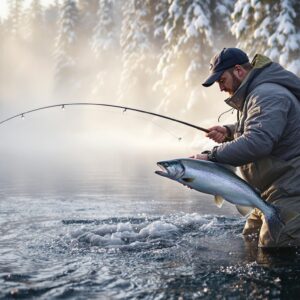 Angler in heavy winter gear fights steelhead in misty Washington river during winter fly fishing Washington adventure at dawn, surrounded by snow-covered evergreens and crystalline water.