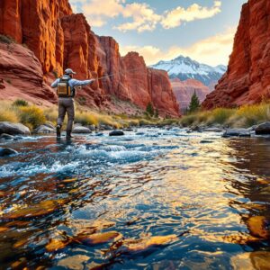 Yakima River fly fishing scene showing an angler casting in crystal clear water flowing through dramatic desert canyon walls in Washington state, with golden hour lighting illuminating red sandstone cliffs and snow-capped Cascade Mountains in the distance.