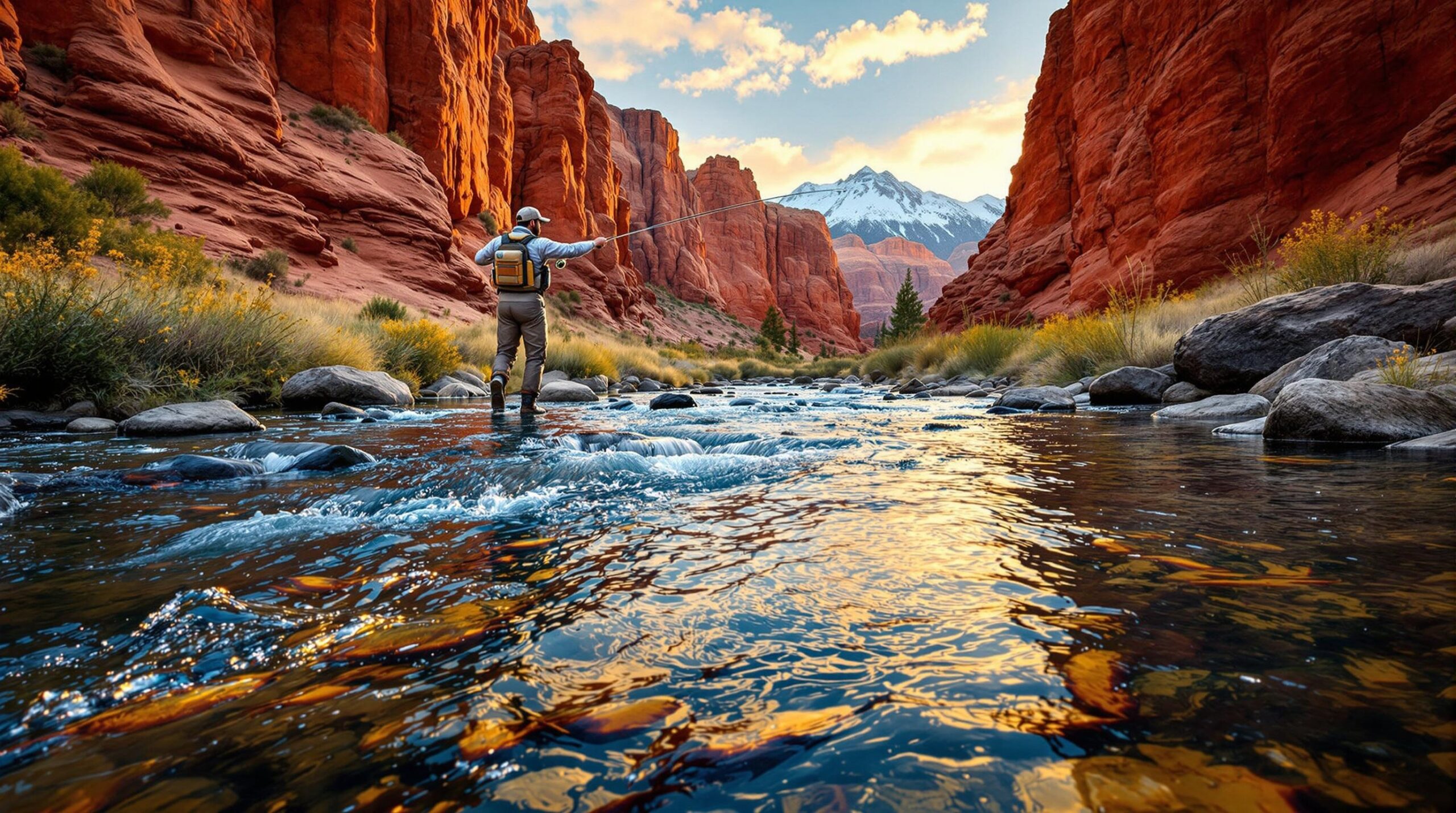 Yakima River fly fishing scene showing an angler casting in crystal clear water flowing through dramatic desert canyon walls in Washington state with golden hour lighting illuminating red sandstone cliffs and snow capped Cascade Mountains in the distance