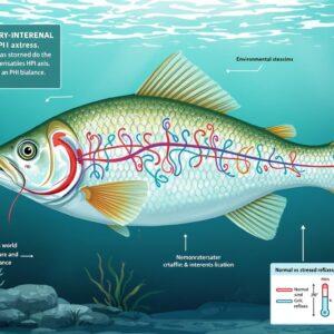 Detailed illustration of a stressed fish in a freshwater environment showing visible signs of stress The fish should have erratic swimming patterns rapid gill movement and appear to be darting around Include visual elements of the Hypothalamic Pituitary Interrenal HPI axis as a small diagram overlay Show environmental stressors like temperature fluctuations chemical pollutants and pH imbalance represented by colored swirls in the water Include a small panel showing normal vs stressed fish reflexes Use natural underwater lighting with blue green tones creating a scientific yet educational atmosphere Style should be detailed biological illustration with anatomical accuracy