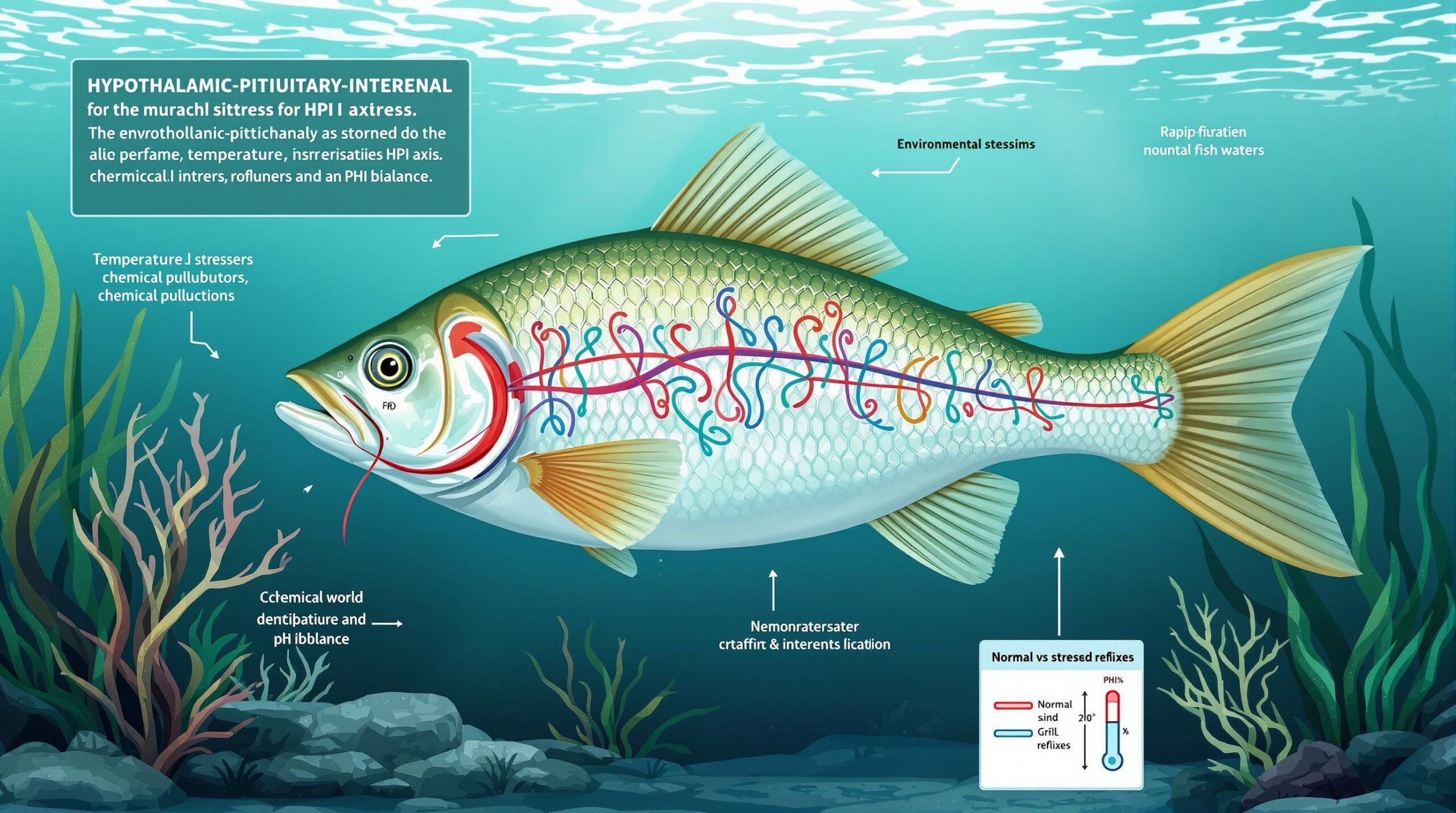 Detailed illustration of a stressed fish in a freshwater environment showing visible signs of stress The fish should have erratic swimming patterns rapid gill movement and appear to be darting around Include visual elements of the Hypothalamic Pituitary Interrenal HPI axis as a small diagram overlay Show environmental stressors like temperature fluctuations chemical pollutants and pH imbalance represented by colored swirls in the water Include a small panel showing normal vs stressed fish reflexes Use natural underwater lighting with blue green tones creating a scientific yet educational atmosphere Style should be detailed biological illustration with anatomical accuracy