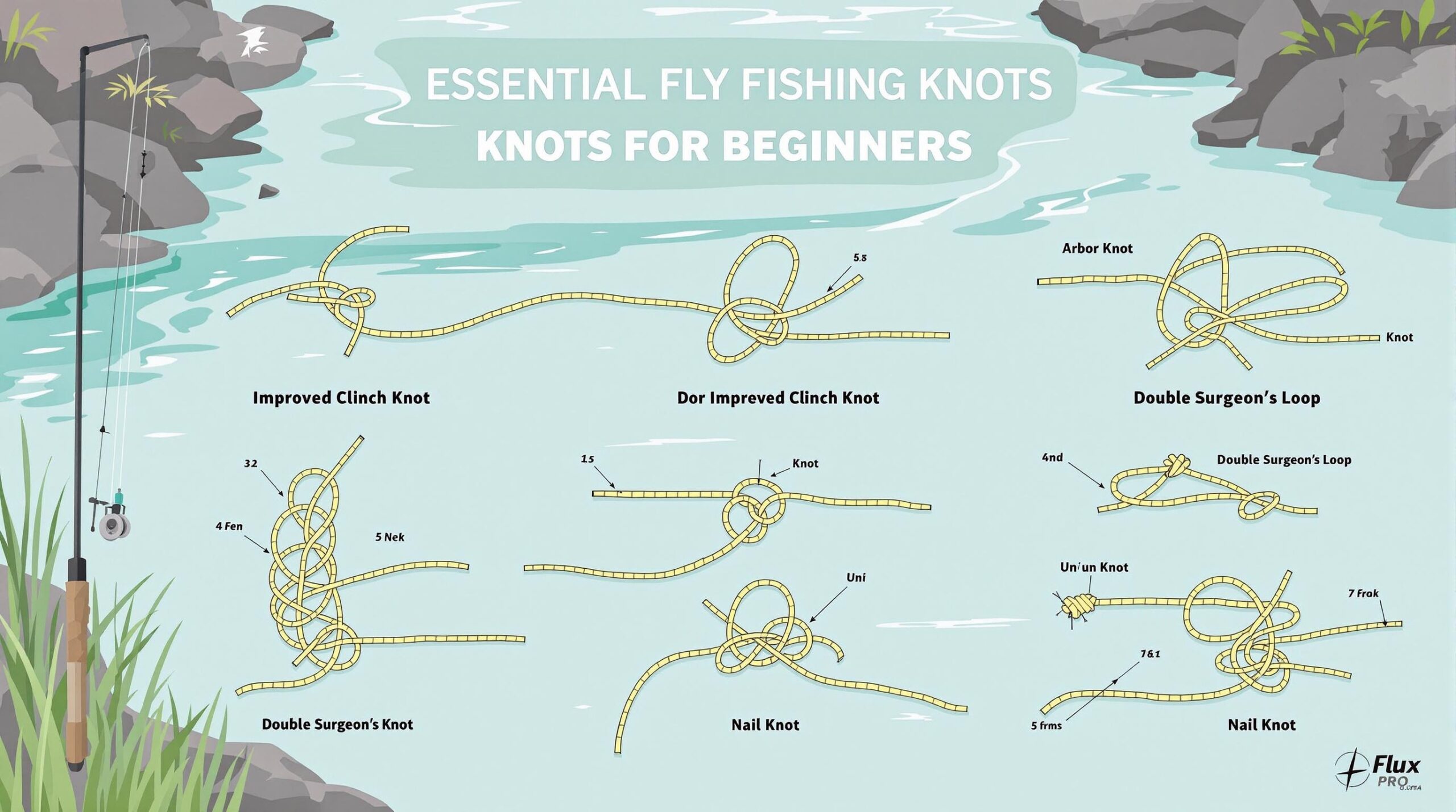  Image Prompt for Flux ProV11 Ultra Create a detailed illustration of essential fly fishing knots for beginners Show close up step by step diagrams of multiple knots including the Arbor Knot Improved Clinch Knot Surgeons Knot Blood Knot Uni Knot Double Surgeons Loop and Nail Knot The image should have a clean instructional layout with each knot clearly labeled Include a fly fishing rod reel and line in the background to establish context Use a natural color palette with blues and greens reminiscent of rivers and streams The style should be detailed and realistic with high contrast to clearly show the intricacies of each knot Make it educational yet visually appealing for fly fishing enthusiasts
