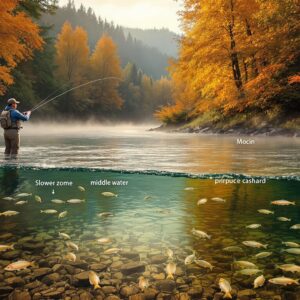 A fisherman standing in a scenic river during sunrise casting a fly fishing line The water shows different temperature layers with trout visible in various positions   some near the bottom in slower water others in the middle current and a few near the surface Surrounding the river are lush riparian areas with trees providing shade The scene illustrates seasonal transitions with vibrant fall colors The composition includes visual representations of temperature zones and trout behavior patterns as described in the article Photorealistic style soft golden morning light