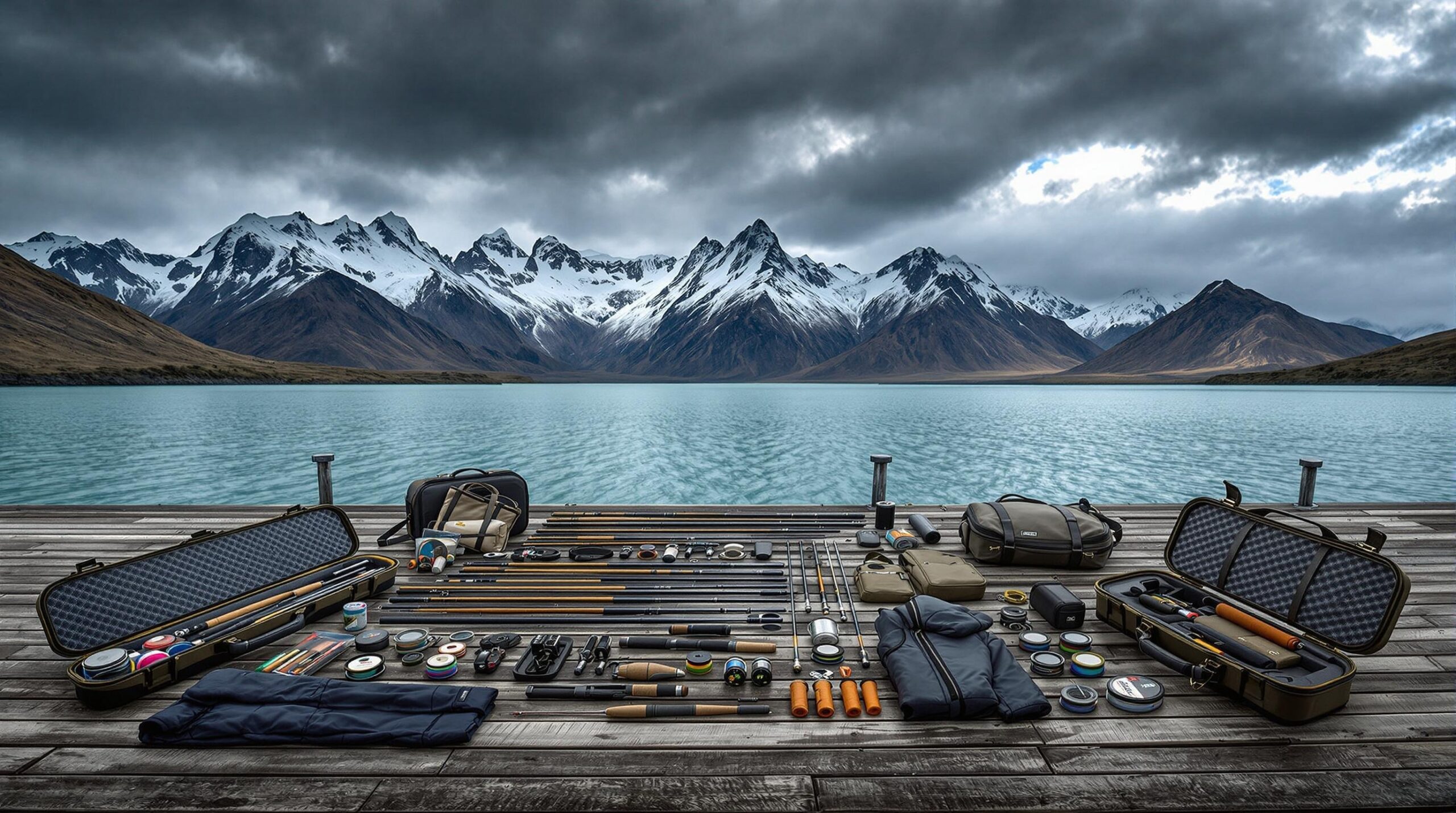 Overhead view of premium fly fishing gear for travel meticulously arranged on wooden dock with 4-piece rods, reels, and waterproof bags against dramatic Patagonian mountain backdrop