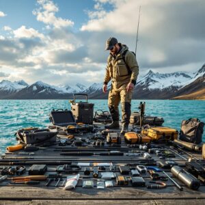 Professional angler organizing fly fishing gear for travel on wooden dock in Patagonia, with rods, reels, and tackle boxes systematically arranged against dramatic mountain landscape.