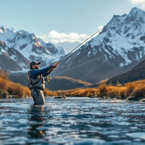 Professional angler fly fishing in pristine Chilean mountain river with snow capped Andes peaks showcasing destinations featured in fly fishing travel packages