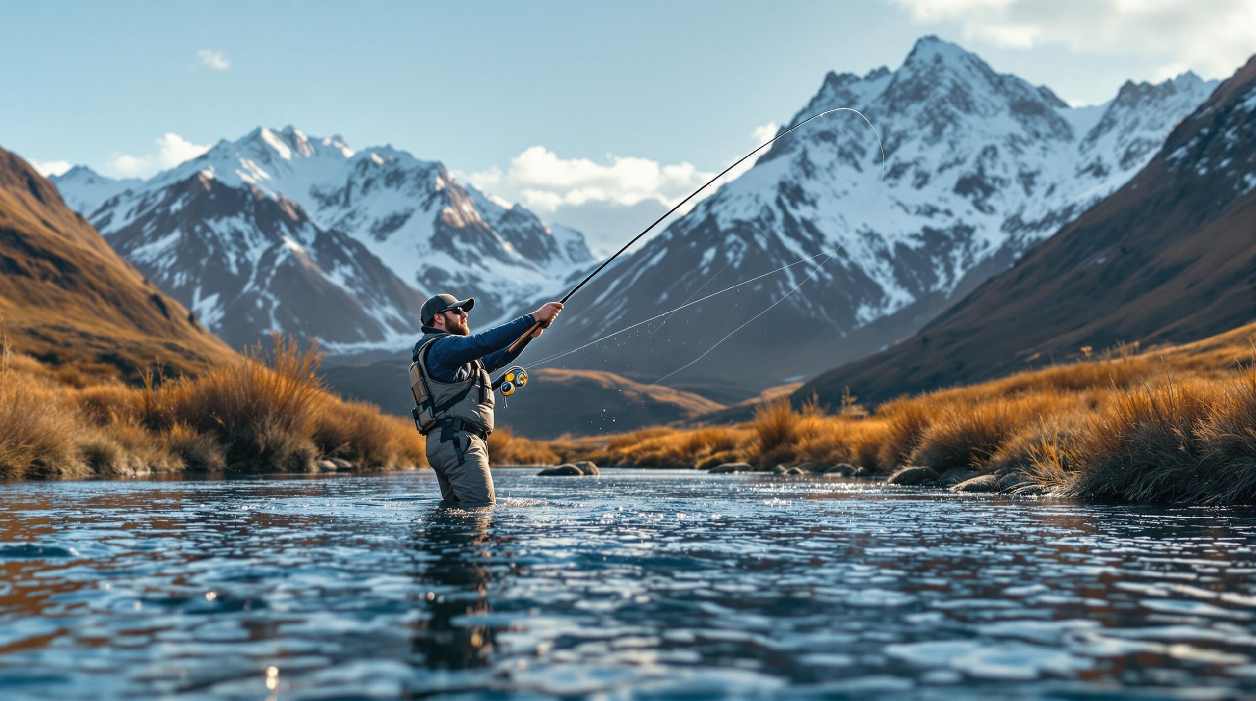 Professional angler fly fishing in pristine Chilean mountain river with snow capped Andes peaks showcasing destinations featured in fly fishing travel packages