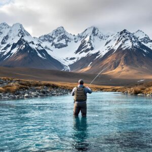 Fly fisherman casting in pristine Patagonian river with snow capped Andes mountains in background showcasing one of the worlds top fly fishing destinations