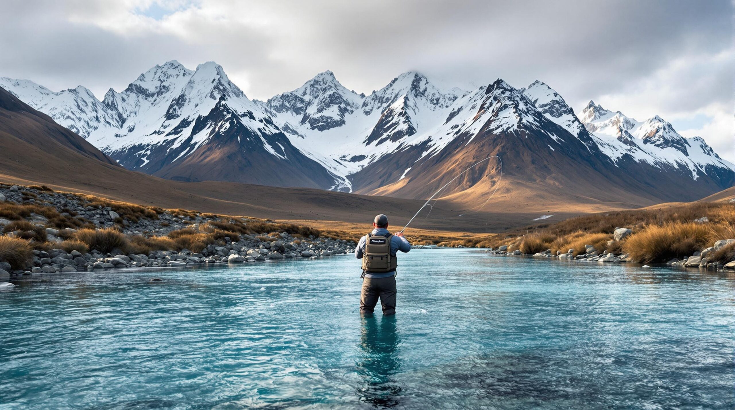 Fly fisherman casting in pristine Patagonian river with snow capped Andes mountains in background showcasing one of the worlds top fly fishing destinations