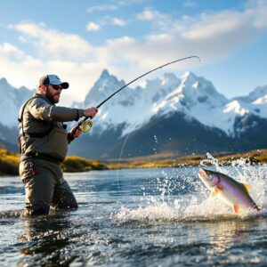 Professional angler fly fishing in pristine Patagonian waters with rainbow trout jumping and snow-capped Andes mountains, showcasing the world-class experience offered by fly fishing lodges Argentina during golden hour lighting.