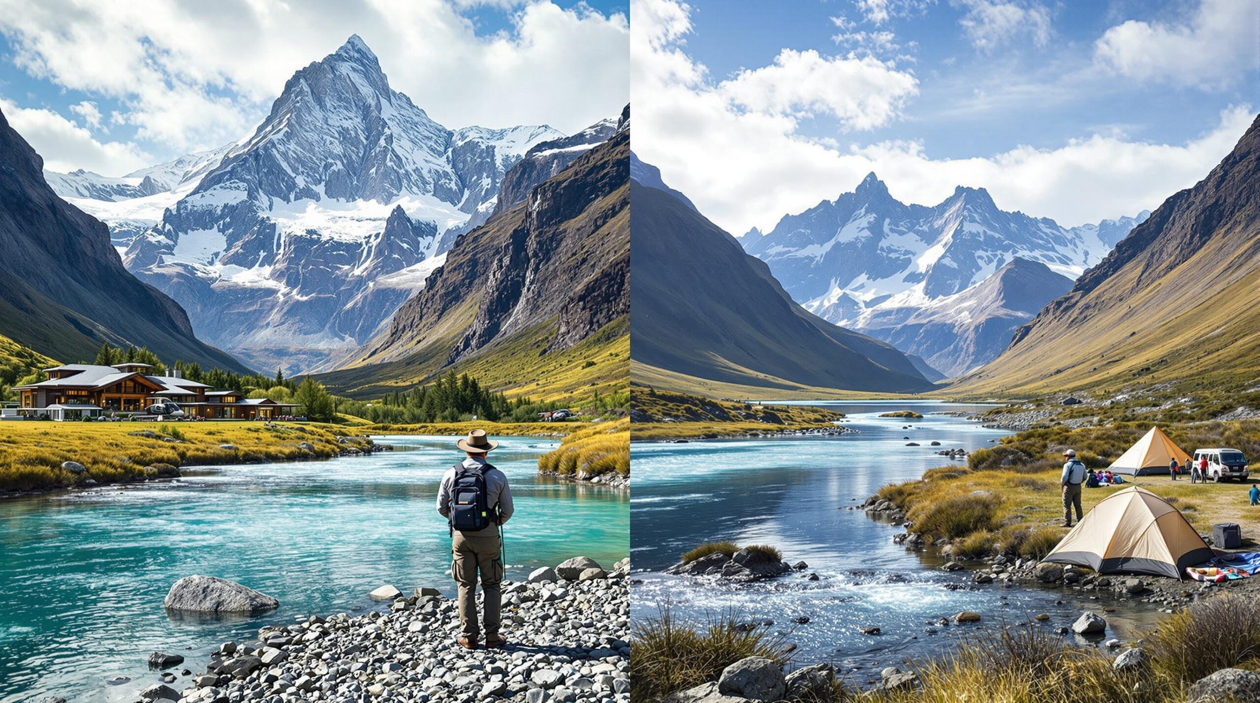Split screen comparison of luxury fly fishing trips versus budget fishing in Patagonia showing helicopter access and premium lodge on left contrasted with camping setup on right both against stunning mountain backdrop