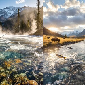 Split-scene view of two top fly fishing destinations in Yellowstone: Firehole River with thermal features and steamy waters on left, pristine Lamar River with mountain wilderness backdrop on right, both showing anglers casting to rising trout.