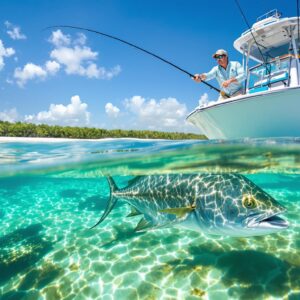 Angler casting fly rod to permit fish in crystal-clear turquoise waters during fly fishing holidays in Ascension Bay, Mexico, with Mayan guide on flats boat
