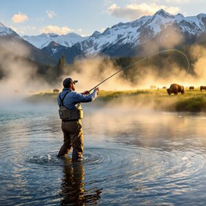 Fly fisherman casting in pristine Yellowstone river with geothermal steam and bison, showcasing world-class fly fishing trips in mountain wilderness setting.