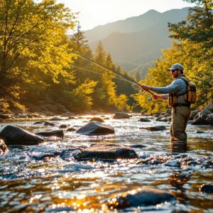 Skilled angler fly fishing in pristine North Carolina mountain stream at golden hour, showcasing one of the top fly fishing destinations in the Appalachian region with crystal-clear water, granite boulders, and lush rhododendron blooms.