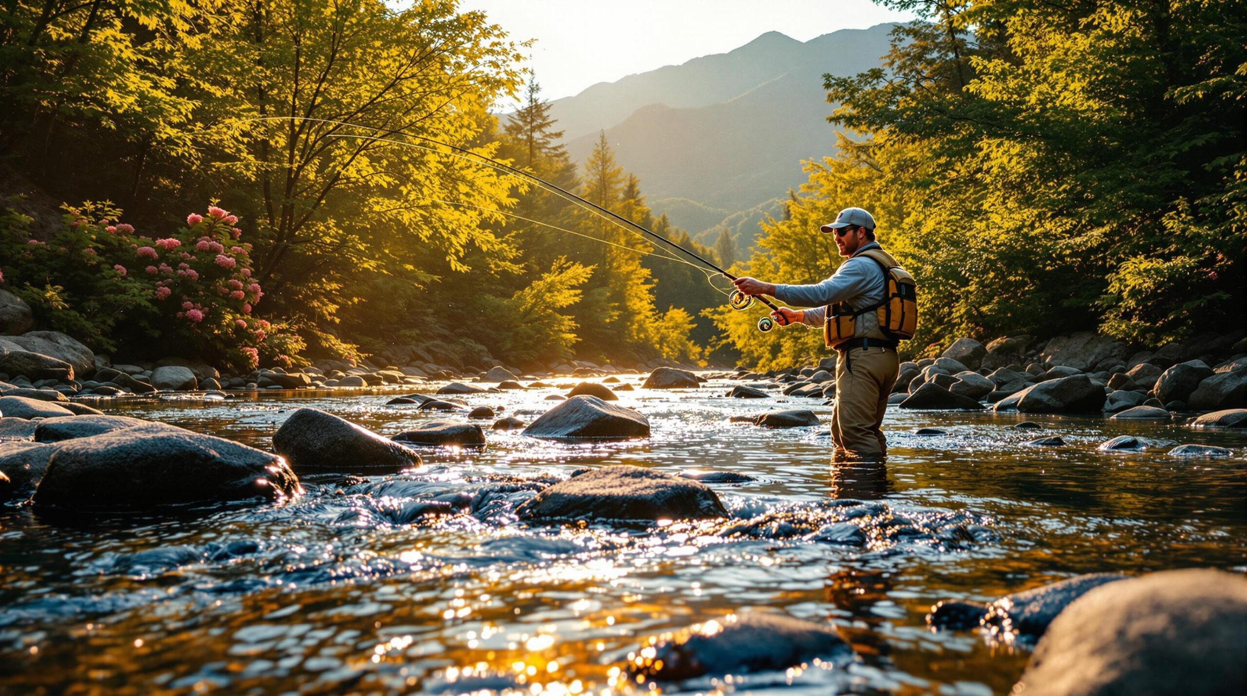 Skilled angler fly fishing in pristine North Carolina mountain stream at golden hour showcasing one of the top fly fishing destinations in the Appalachian region with crystal clear water granite boulders and lush rhododendron blooms