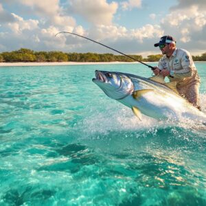 Fly fisherman casting from skiff toward leaping silver tarpon in crystal-clear Caribbean waters near luxury fly fishing lodges Mexico, with mangrove islands and golden hour lighting on Yucatan Peninsula flats.
