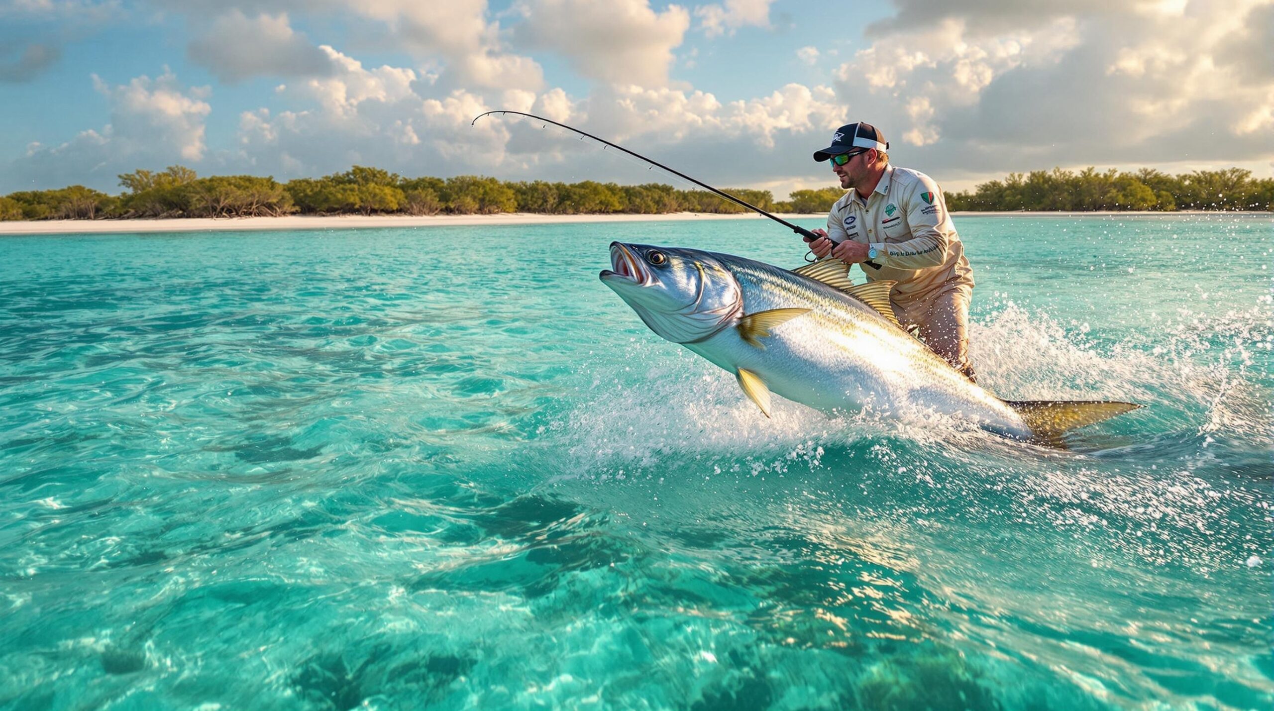 Fly fisherman casting from skiff toward leaping silver tarpon in crystal clear Caribbean waters near luxury fly fishing lodges Mexico with mangrove islands and golden hour lighting on Yucatan Peninsula flats