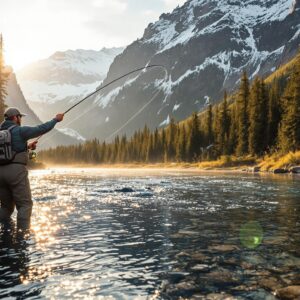 Fly fisherman casting rod during fly fishing trips in pristine mountain stream at Glacier National Park with snow-capped peaks and evergreen forest in golden morning light.