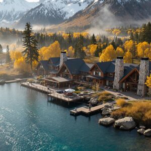 Aerial view of luxury fly fishing resorts in Yellowstone valley with angler casting from wooden dock surrounded by snow-capped mountains and autumn foliage