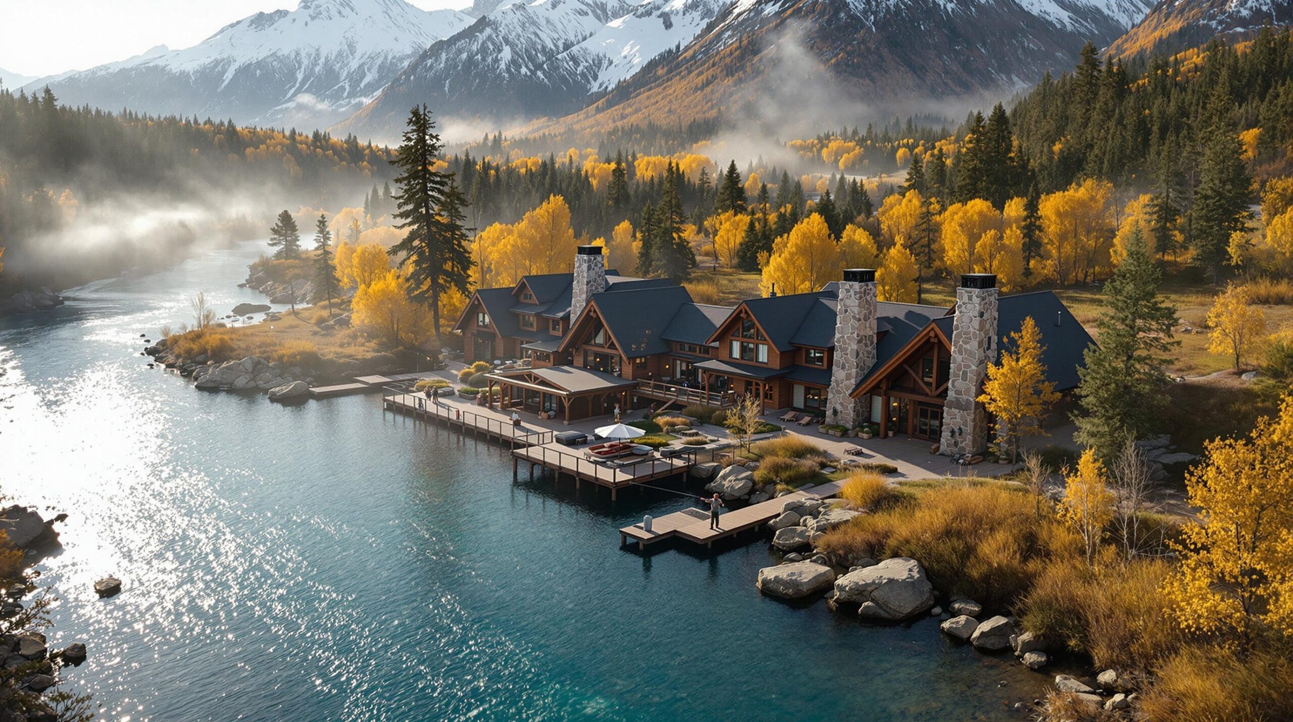 Aerial view of luxury fly fishing resorts in Yellowstone valley with angler casting from wooden dock surrounded by snow capped mountains and autumn foliage