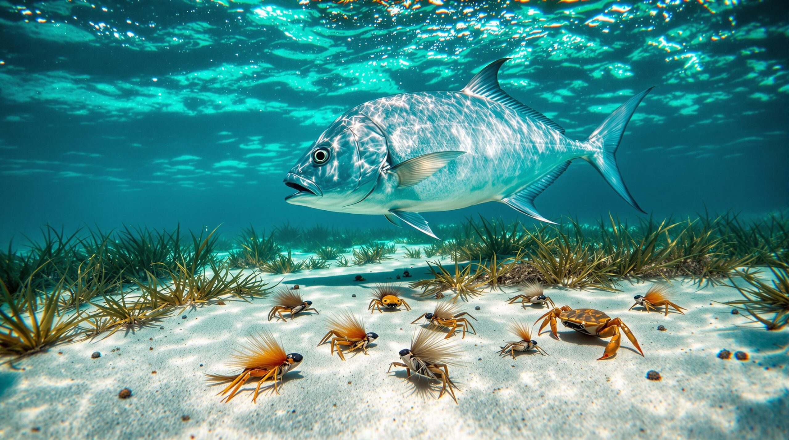 Large silver permit fish swimming above sandy bottom with scattered permit fly patterns including realistic crab-pattern flies in crystal clear turquoise Caribbean waters.