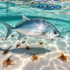 A silver permit fish swimming over crystal clear Caribbean waters with various permit fly patterns including crab and shrimp imitations scattered on the sandy bottom below.
