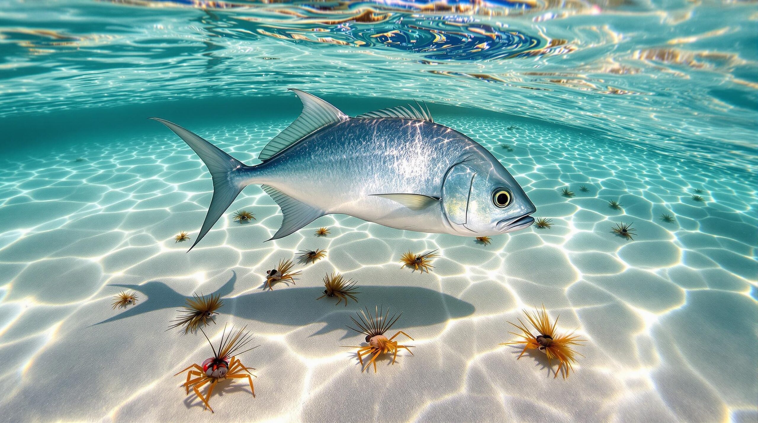 A silver permit fish swimming over crystal clear Caribbean waters with various permit fly patterns including crab and shrimp imitations scattered on the sandy bottom below