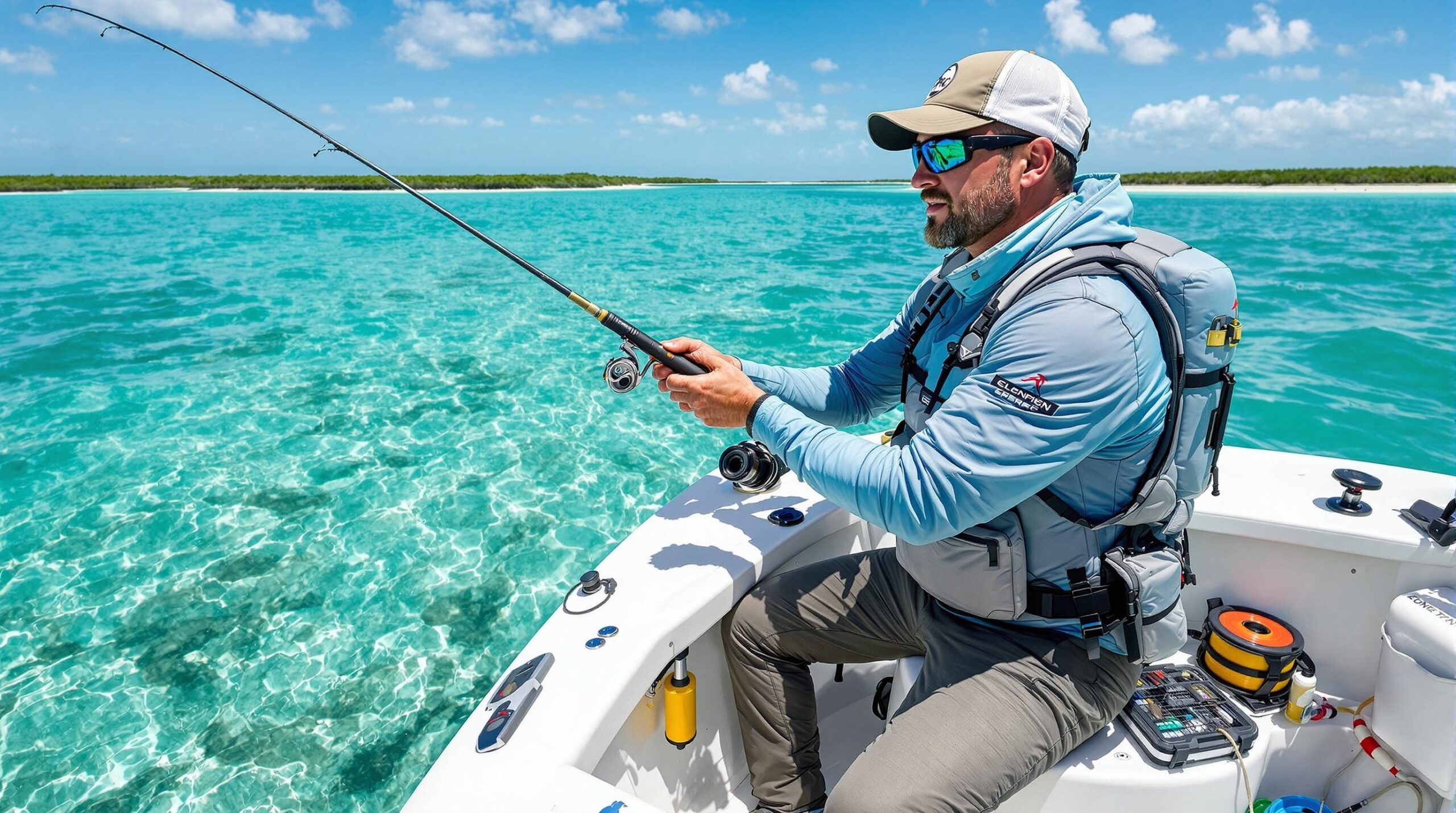 Professional angler on guided fly fishing trips casting saltwater fly rod from boat with premium gear and turquoise ocean backdrop