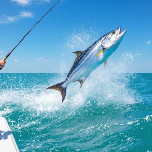 Professional angler on guided fly fishing trips battles massive tarpon leaping from turquoise ocean waters while casting from charter boat bow
