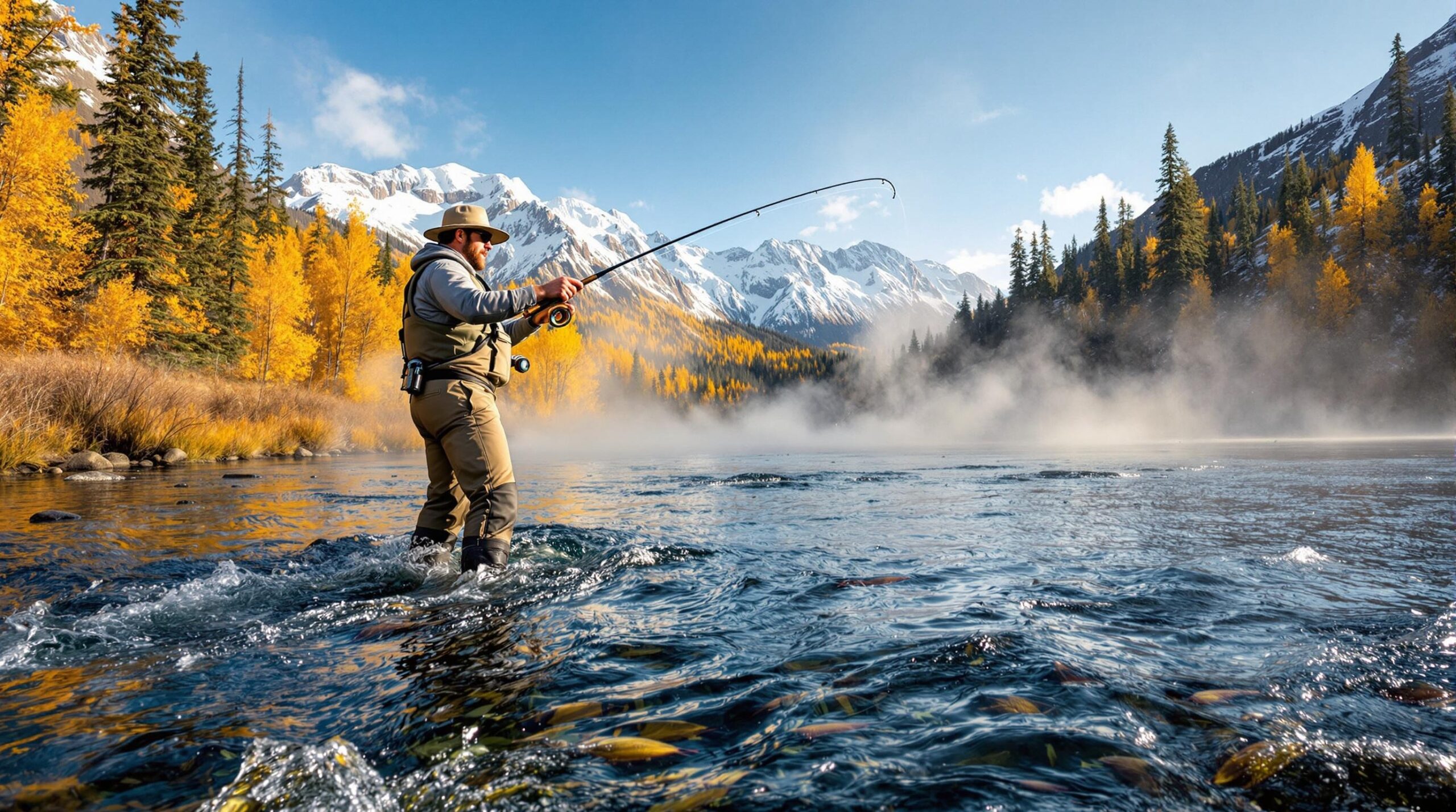 Fly fisherman casting in pristine Yellowstone mountain stream during one of the best fly fishing vacations, with geothermal springs steaming in background and snow-capped peaks surrounding golden autumn aspens.