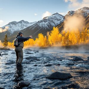 Fly fisherman casting on pristine mountain stream during golden hour in Yellowstone, showcasing one of the best fly fishing vacations with geothermal springs, snow-capped peaks, and autumn aspens reflected in crystal clear water.
