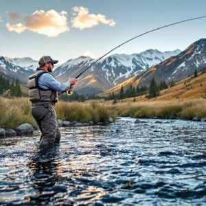 Fly fishing guide leading guided fly fishing trips on Silver Creek in Sun Valley Idaho, demonstrating casting technique to clients with snow-capped Sawtooth Mountains visible in background during golden hour.