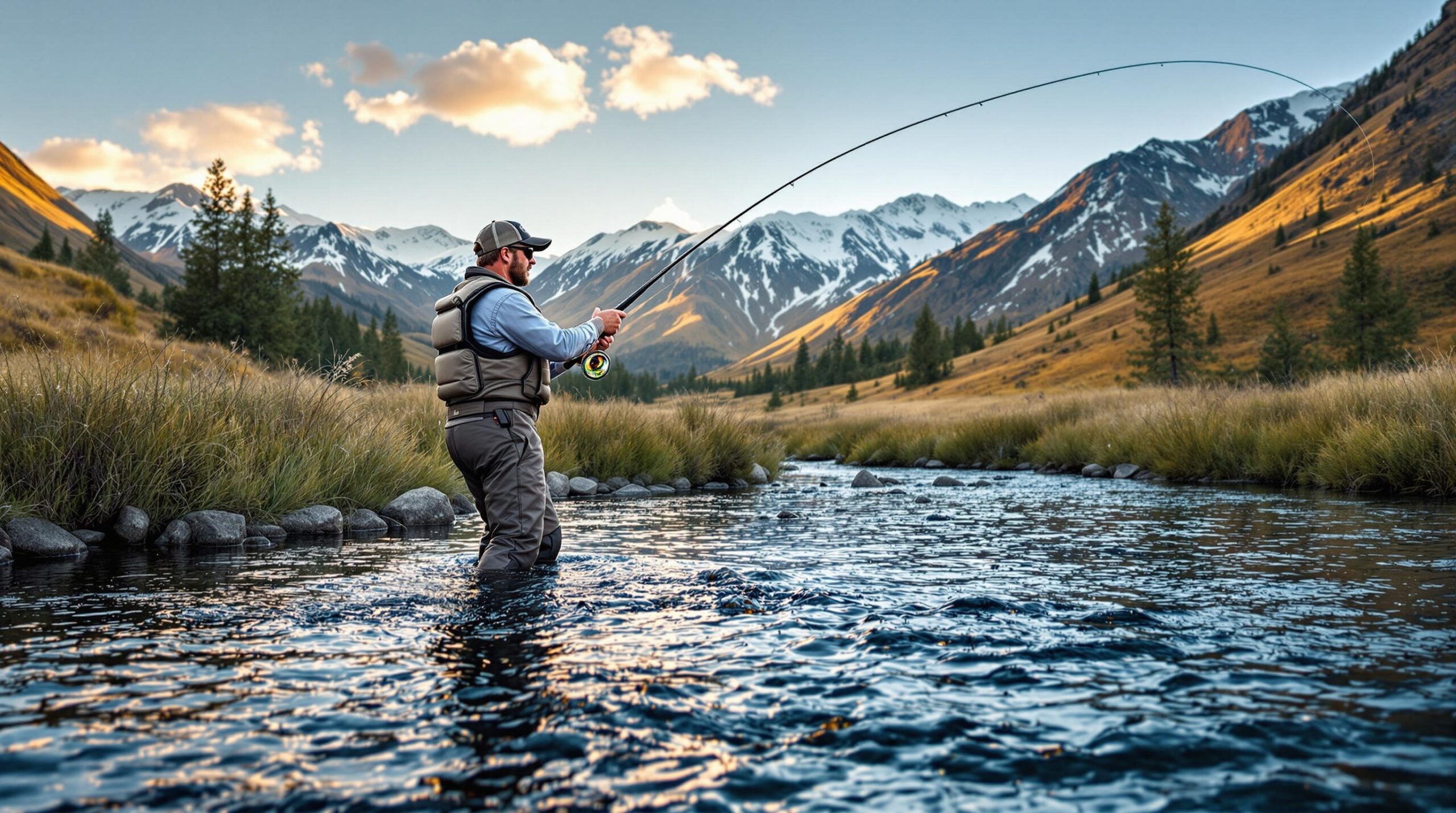 Fly fishing guide leading guided fly fishing trips on Silver Creek in Sun Valley Idaho demonstrating casting technique to clients with snow capped Sawtooth Mountains visible in background during golden hour