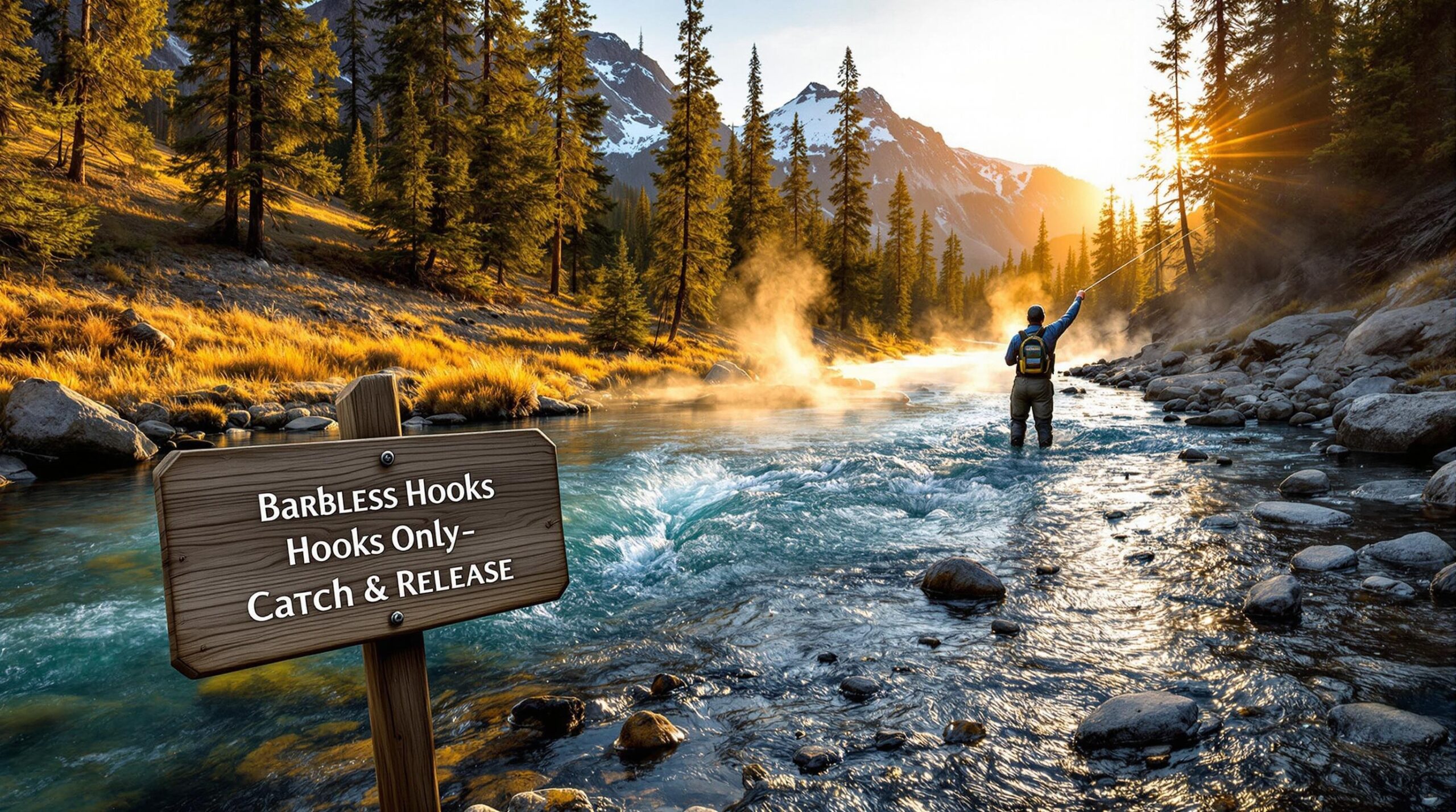 Fly fisherman casting line in pristine Yellowstone mountain stream at golden hour, showcasing one of America's premier fly fishing travel destinations with snow-capped peaks and geothermal features in background.
