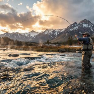 Fly fisherman casting on pristine mountain stream in Yellowstone National Park, one of America's premier fly fishing travel destinations, with snow-capped peaks and geothermal features during golden hour.