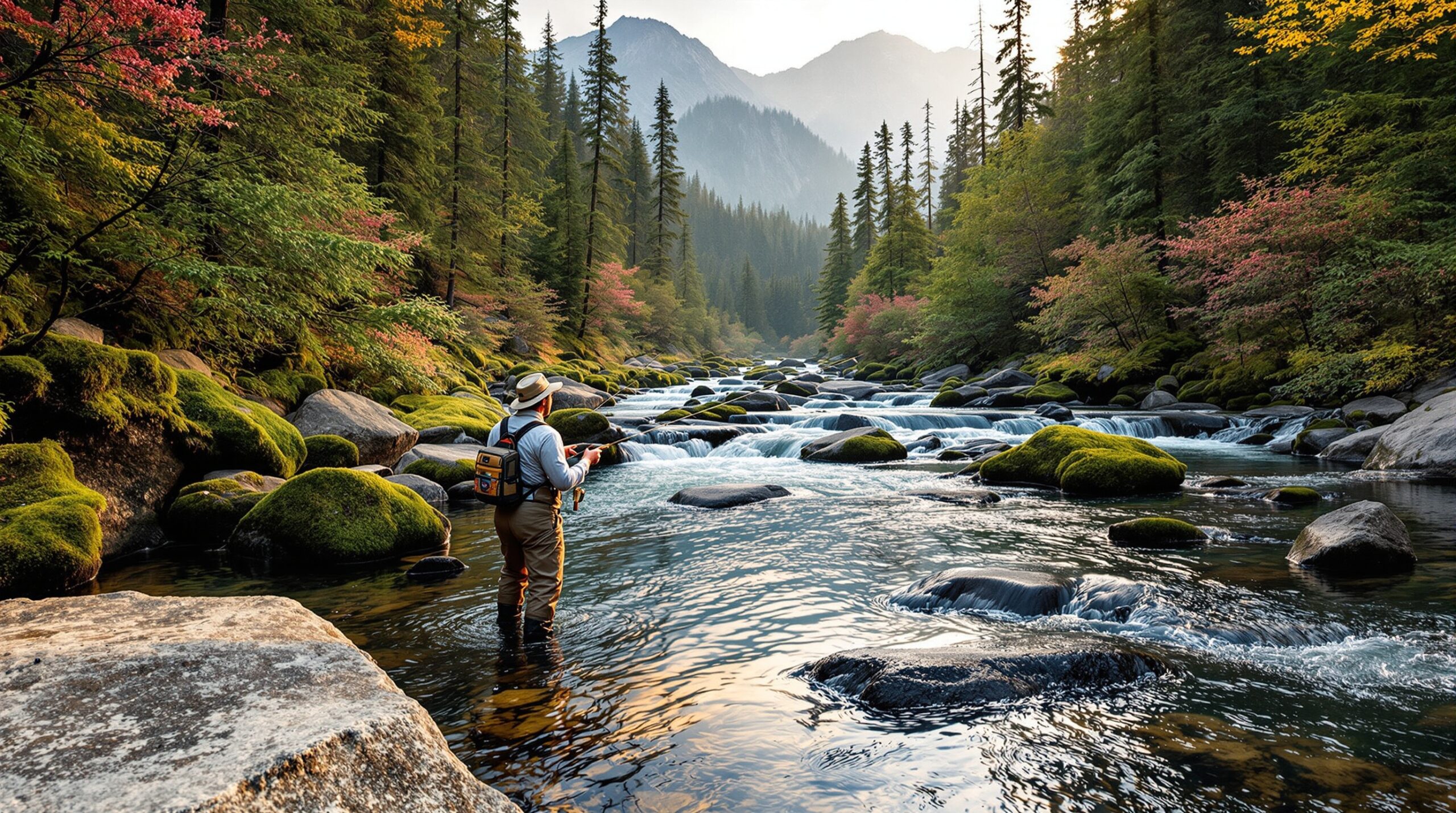 Appalachian Stream Fly Fishing Paradise Fly fisherman casting in pristine Appalachian mountain stream surrounded by ancient forest, showcasing one of America's premier fly fishing travel destinations with crystal-clear water and misty mountains in golden hour light.