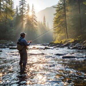 Fly fisherman casting line on pristine Appalachian mountain stream at golden hour, showcasing one of America's premier fly fishing travel destinations with crystal-clear water, ancient forest, and misty mountain backdrop.