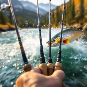 Frustrated angler's hands holding multiple fly fishing rod weights at river's edge with large trout jumping in background